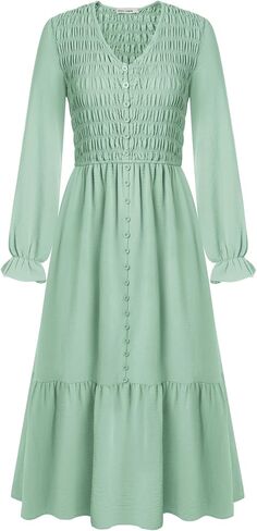 GRACE KARIN Women's 2025 Fall Long Sleeve Maxi Dresses Smocked V Neck Flowy Casual Dress with Pockets Wedding Guest in Saudi Arabia