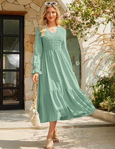GRACE KARIN Women's 2025 Fall Long Sleeve Maxi Dresses Smocked V Neck Flowy Casual Dress with Pockets Wedding Guest in Saudi Arabia