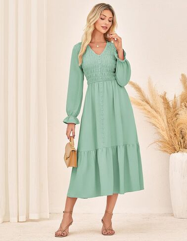 GRACE KARIN Women's 2025 Fall Long Sleeve Maxi Dresses Smocked V Neck Flowy Casual Dress with Pockets Wedding Guest in Saudi Arabia