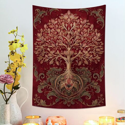 Tree of Life Red Tapestry, Floral Wall Art Bohemian Home Decor, Autumn Aesthetic Tapestries for Bedroom, Living Room, Meditation 30x40 Inch in Saudi Arabia