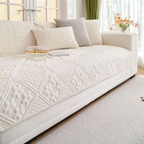 غطاء أريكة مخملي ناعم من vctops، أغطية أريكة مقسمة مبطنة بالزهور، غير قابلة للانزلاق وقابلة للغسل، غطاء أريكة منزلق للكلاب والأطفال والحيوانات الأليفة، قطعة واحدة/ليست جميعها (كريمي، 27 بوصة × 70 بوصة) in Kuwait