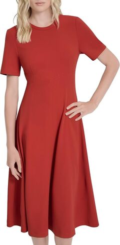 DKNY Women's Short Sleeve Jewel Neck Scuba Crepe Flounce Hem Midi Dress in Saudi Arabia