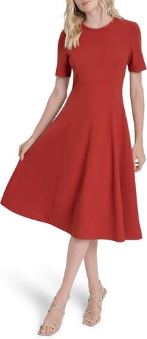 DKNY Women's Short Sleeve Jewel Neck Scuba Crepe Flounce Hem Midi Dress in Saudi Arabia