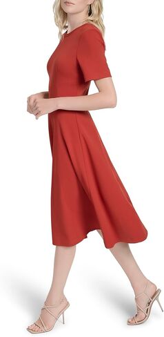 DKNY Women's Short Sleeve Jewel Neck Scuba Crepe Flounce Hem Midi Dress in Saudi Arabia