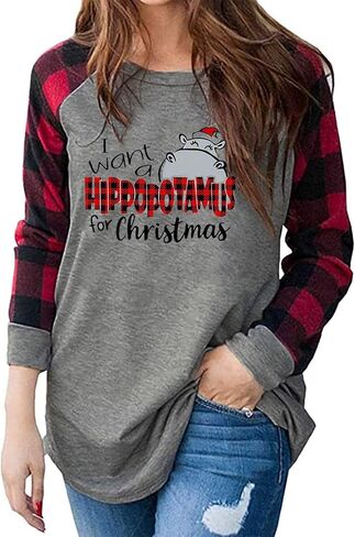EXMIUN I Want A Hippopotamus for Christmas Tshirt Women Funny Cute Hippopotamus Tee Plaid Letter Print 3/4 Sleeve Tops in Saudi Arabia