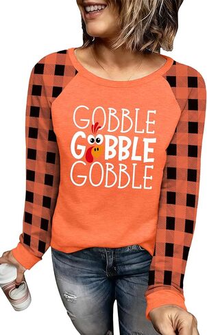 قمصان عيد الشكر للنساء تي شيرت برسومات Thanksgiving تركيا Gobble Gobble تي شيرت بأكمام طويلة ومشبك لعيد الشكر in Kuwait
