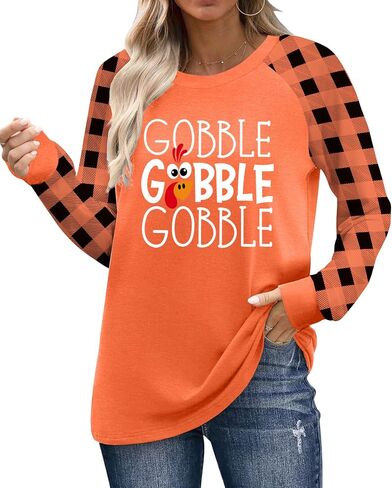 قمصان عيد الشكر للنساء تي شيرت برسومات Thanksgiving تركيا Gobble Gobble تي شيرت بأكمام طويلة ومشبك لعيد الشكر in Kuwait