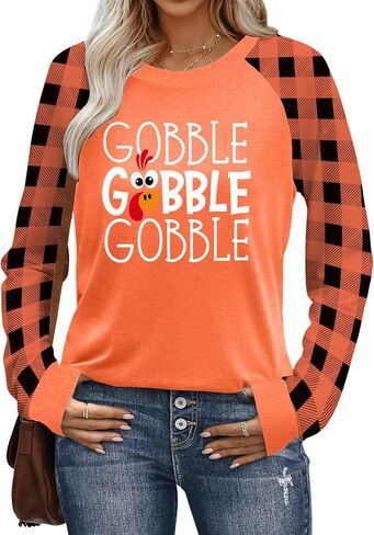 قمصان عيد الشكر للنساء تي شيرت برسومات Thanksgiving تركيا Gobble Gobble تي شيرت بأكمام طويلة ومشبك لعيد الشكر in Kuwait