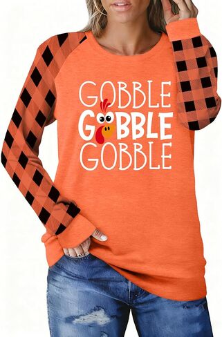 قمصان عيد الشكر للنساء تي شيرت برسومات Thanksgiving تركيا Gobble Gobble تي شيرت بأكمام طويلة ومشبك لعيد الشكر in Kuwait