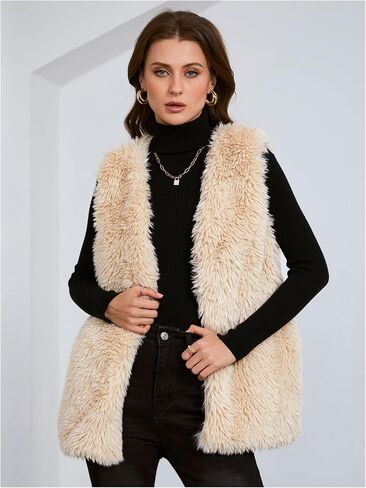 Verdusa Women's Fuzzy Faux Fur Sleeveless Vest Teddy Coats Open Front Plush Waistcoat Outerwear in Saudi Arabia