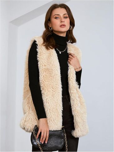 Verdusa Women's Fuzzy Faux Fur Sleeveless Vest Teddy Coats Open Front Plush Waistcoat Outerwear in Saudi Arabia