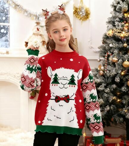 سترة عيد الميلاد القبيحة للفتيات والأطفال، بلوفر شتوي محبوك مضحك لعيد الميلاد بأكمام طويلة من 7 إلى 14 عامًا in Kuwait