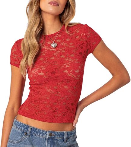 Women Sexy Short Sleeve Sheer Floral Lace Tee Top Girls Round Neck Y2k Slim Fitted See Through Mesh Tee Shirt in Kuwait