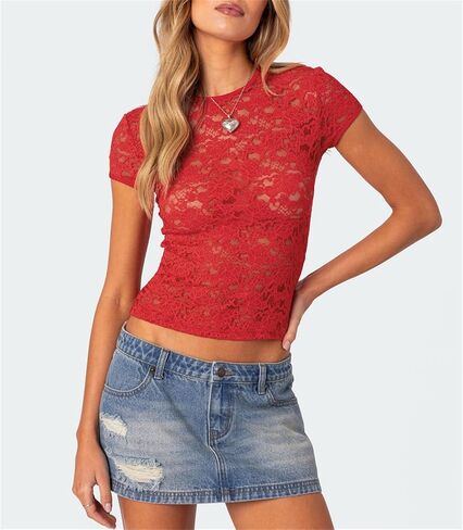 Women Sexy Short Sleeve Sheer Floral Lace Tee Top Girls Round Neck Y2k Slim Fitted See Through Mesh Tee Shirt in Kuwait