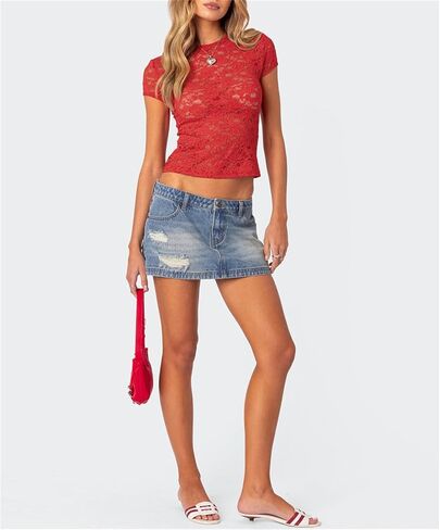 Women Sexy Short Sleeve Sheer Floral Lace Tee Top Girls Round Neck Y2k Slim Fitted See Through Mesh Tee Shirt in Kuwait