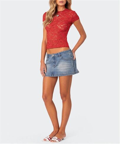 Women Sexy Short Sleeve Sheer Floral Lace Tee Top Girls Round Neck Y2k Slim Fitted See Through Mesh Tee Shirt in Kuwait