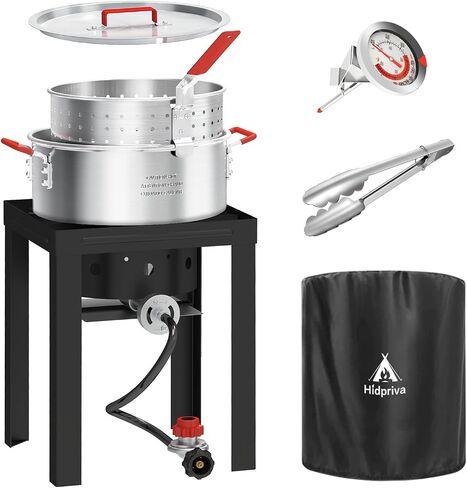 10QT Aluminum Fish Fryer Pot with Basket | Deep Fryer with Lid | Thermometer | Fryer Tongs & Easy Grip Handle for Cooking Seafood | French Fries | Chicken Wings in Kuwait