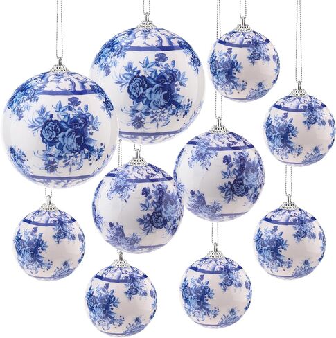 10 Pcs White Blue Christmas Chinoiserie Ornaments Ball Christmas Porcelain Plastics Balls Hanging Decoration for Home Tree Xmas Party Birthday Wedding (Elegant Style) in Kuwait
