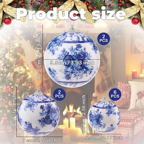 10 Pcs White Blue Christmas Chinoiserie Ornaments Ball Christmas Porcelain Plastics Balls Hanging Decoration for Home Tree Xmas Party Birthday Wedding (Elegant Style) in Kuwait