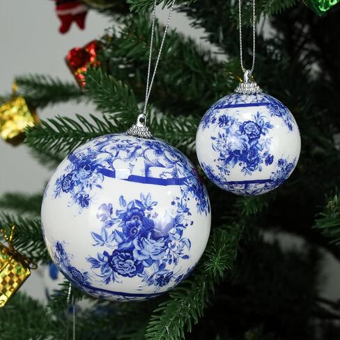 10 Pcs White Blue Christmas Chinoiserie Ornaments Ball Christmas Porcelain Plastics Balls Hanging Decoration for Home Tree Xmas Party Birthday Wedding (Elegant Style) in Kuwait