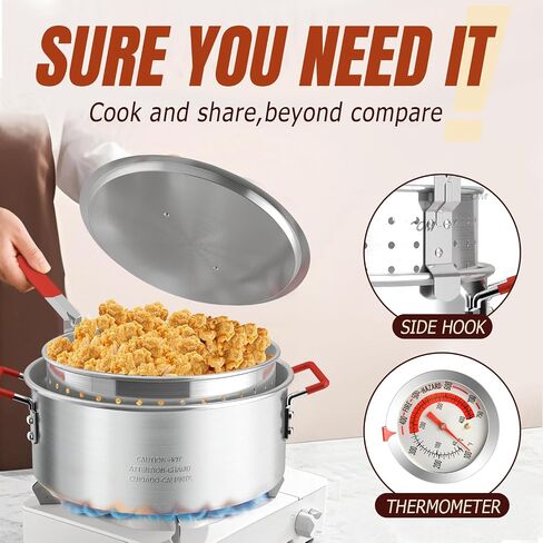 10QT Aluminum Fish Fryer Pot with Basket | Deep Fryer with Lid | Thermometer | Fryer Tongs & Easy Grip Handle for Cooking Seafood | French Fries | Chicken Wings in Kuwait