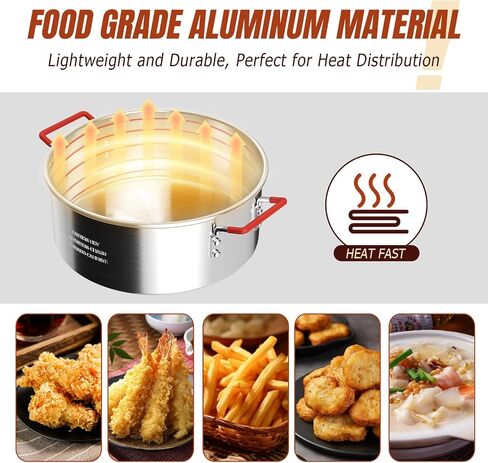 10QT Aluminum Fish Fryer Pot with Basket | Deep Fryer with Lid | Thermometer | Fryer Tongs & Easy Grip Handle for Cooking Seafood | French Fries | Chicken Wings in Kuwait