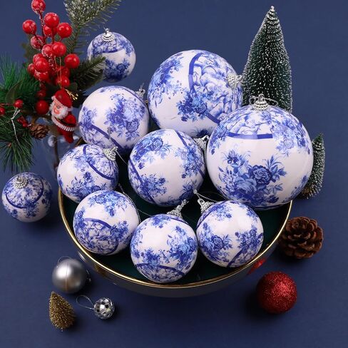 10 Pcs White Blue Christmas Chinoiserie Ornaments Ball Christmas Porcelain Plastics Balls Hanging Decoration for Home Tree Xmas Party Birthday Wedding (Elegant Style) in Kuwait