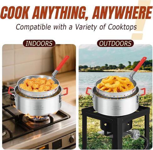 10QT Aluminum Fish Fryer Pot with Basket | Deep Fryer with Lid | Thermometer | Fryer Tongs & Easy Grip Handle for Cooking Seafood | French Fries | Chicken Wings in Kuwait