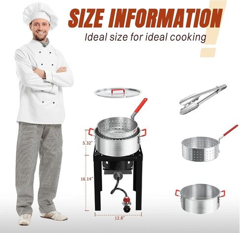 10QT Aluminum Fish Fryer Pot with Basket | Deep Fryer with Lid | Thermometer | Fryer Tongs & Easy Grip Handle for Cooking Seafood | French Fries | Chicken Wings in Kuwait