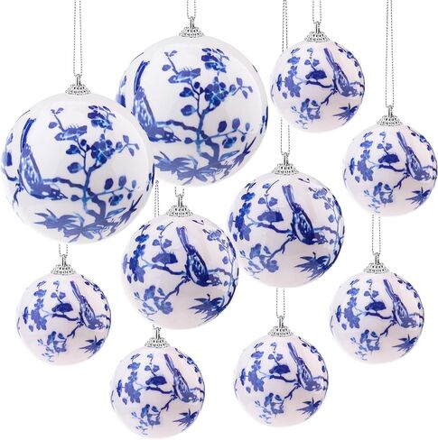 10 Pcs White Blue Christmas Chinoiserie Ornaments Ball Christmas Porcelain Plastics Balls Hanging Decoration for Home Tree Xmas Party Birthday Wedding (Elegant Style) in Kuwait