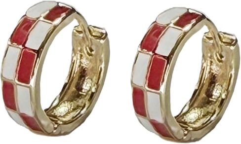 Dainty Small Tiny Colorful Enamel Checkered Round Circle Hoop Checkerboard Cartilage Earrings Lightweight Funny Cute Chic Minimalist Statement Piercing Jewelry for Women in Kuwait