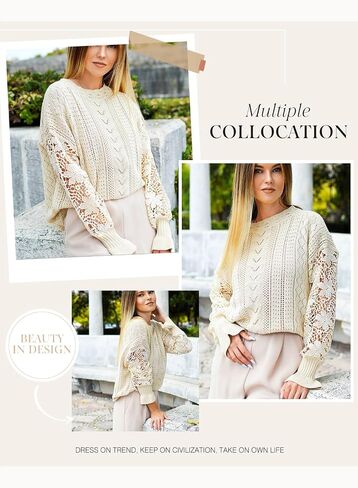 Dokotoo Womens Crewneck Crochet Lace Long Sleeve Hollow Out Cable Knit Sweaters Pullover Tops in Saudi Arabia