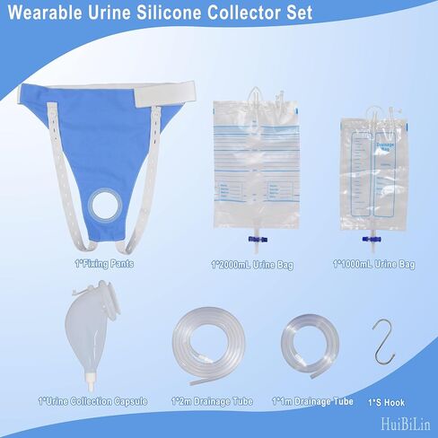 Urine Collection Bag Condom Catheters for Men Reusable Portable Wearable Silicone Urinary Drainage,2Catheter Bags(1000mL +2000mL),2 Tube(1m + 2m),1*S Hooks,1*Cotton Pants(Men -Blue) in Saudi Arabia