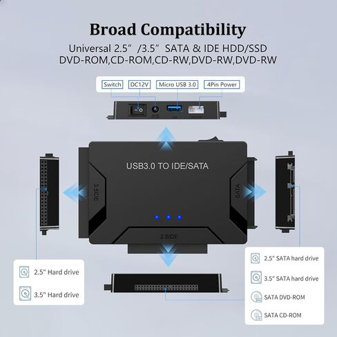 محول SATA إلى USB 3.0 ، SATA إلى كابل USB ، كابل محرك أقراص ثابتة خارجي لمدة 2.5 "3.5 بوصة SSD/HDD حتى 20 تيرابايت محول الدعم UASP مع Samsung Seagate WD Hitachi مع محول 12V 24W DC in Kuwait