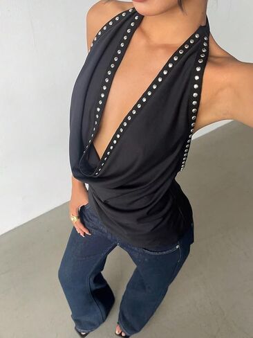 سترة علوية نسائية من MakeMeChic برقبة على شكل حرف V عميقة ورقبة على شكل حرف V بدون ظهر برشام صيفي للخروج in Kuwait