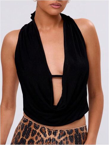 SHENHE Women's Halter Draped Front Crop Top Deep V Neck Tie Backless Going Out Tops in Saudi Arabia