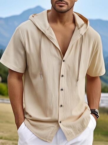 Men's Cotton Linen Short Sleeve Hoodie Casual Hooded Shirts Lightweight Sweatshirt Hoodies Pullover in Saudi Arabia