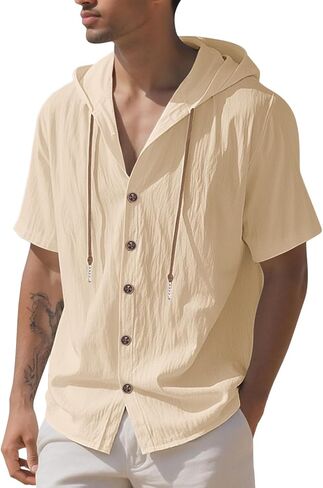 Men's Cotton Linen Short Sleeve Hoodie Casual Hooded Shirts Lightweight Sweatshirt Hoodies Pullover in Saudi Arabia