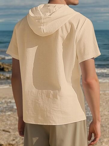 Men's Cotton Linen Short Sleeve Hoodie Casual Hooded Shirts Lightweight Sweatshirt Hoodies Pullover in Saudi Arabia