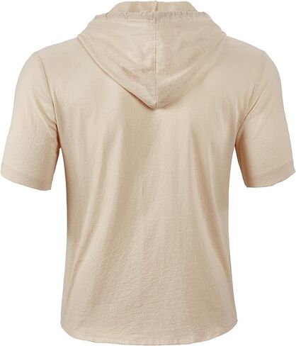 Men's Cotton Linen Short Sleeve Hoodie Casual Hooded Shirts Lightweight Sweatshirt Hoodies Pullover in Saudi Arabia