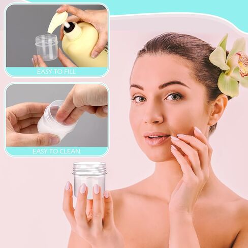 100 قطعة من عبوات مستحضرات التجميل الصغيرة سعة 1 أونصة من Meanplan مع أغطية دائرية مضادة للتسرب وقابلة لإعادة الملء للغسول والكريم والمكياج وظلال العيون وحجر الراين والعينات والوعاء وتخزين السفر (شفاف) in Kuwait