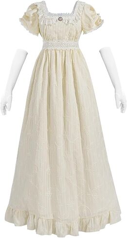 CR ROLECOS Regency Dresses Victorian Empire Waist Dress for Women Tea Party Puff Sleeve Costume Gown with Gloves in Saudi Arabia