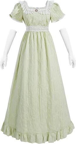 CR ROLECOS Regency Dresses Victorian Empire Waist Dress for Women Tea Party Puff Sleeve Costume Gown with Gloves in Saudi Arabia