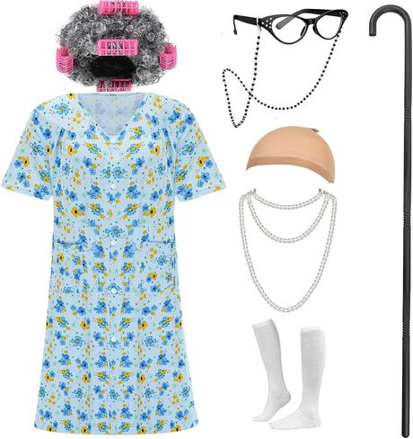 8PCS Old Lady Costume for Women,100 Days of School Costume Adult with Funny Grandma Nightgown Granny Halloween Cosplay Set in Saudi Arabia