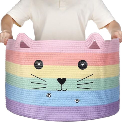 Zopeal Cat Storage Basket Woven Organizer with Ears Decorative Pet Toy Cute Bin Cotton Rope Basket for Gift Cat Dog Toy Container Nursery Room(8.3 x 4.7 Inch,White) in Kuwait