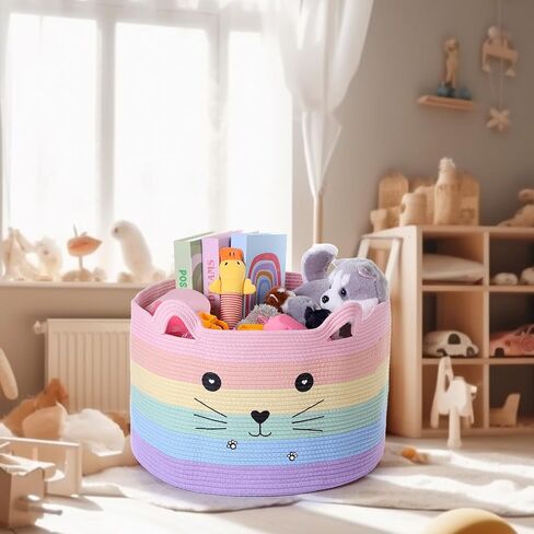 Zopeal Cat Storage Basket Woven Organizer with Ears Decorative Pet Toy Cute Bin Cotton Rope Basket for Gift Cat Dog Toy Container Nursery Room(8.3 x 4.7 Inch,White) in Kuwait