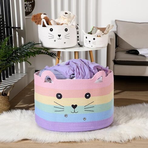 Zopeal Cat Storage Basket Woven Organizer with Ears Decorative Pet Toy Cute Bin Cotton Rope Basket for Gift Cat Dog Toy Container Nursery Room(8.3 x 4.7 Inch,White) in Kuwait