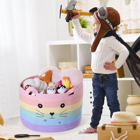 Zopeal Cat Storage Basket Woven Organizer with Ears Decorative Pet Toy Cute Bin Cotton Rope Basket for Gift Cat Dog Toy Container Nursery Room(8.3 x 4.7 Inch,White) in Kuwait