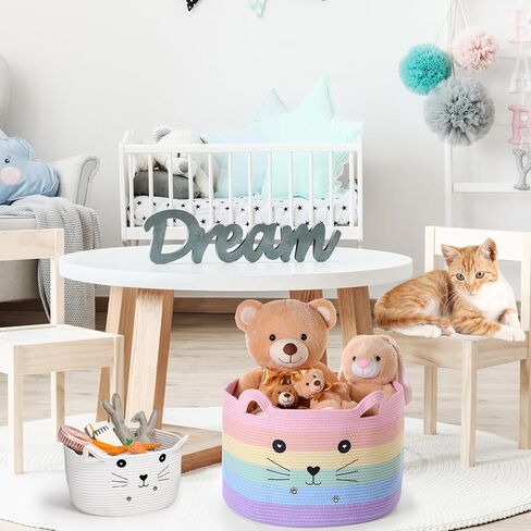 Zopeal Cat Storage Basket Woven Organizer with Ears Decorative Pet Toy Cute Bin Cotton Rope Basket for Gift Cat Dog Toy Container Nursery Room(8.3 x 4.7 Inch,White) in Kuwait