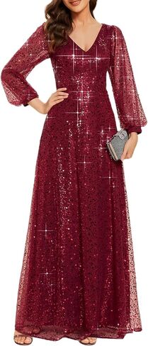 فستان سهرة نسائي من Ever-Pretty مزين بالترتر على شكل حرف V ورقبة على شكل حرف V وأكمام طويلة شفافة لحفلات الكوكتيل 01999 in Kuwait
